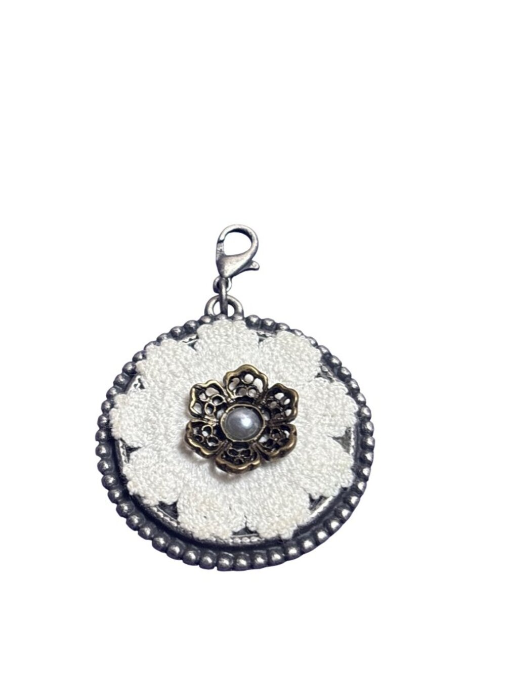Circle Charm Silvertone White Crochet Flower Antiqued Goldtone Faux Pearl